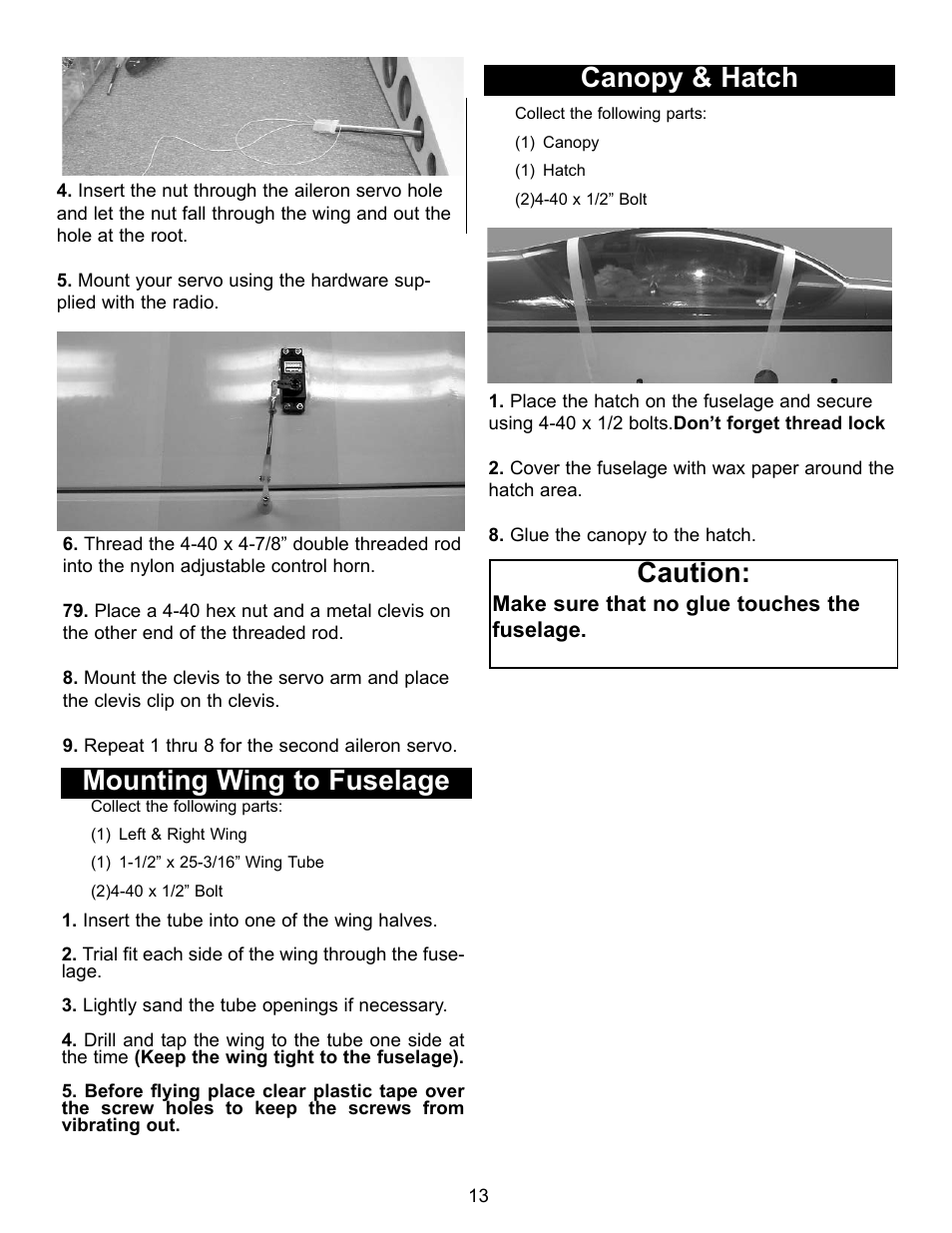 Mounting wing to fuselage, Canopy & hatch, Caution | Carl Goldberg GBGA1090 User Manual | Page 13 / 16