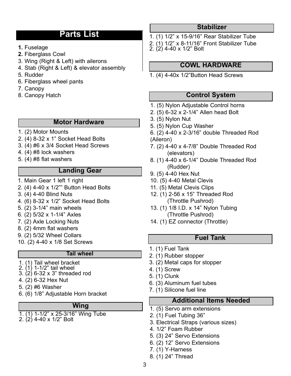 Parts list | Carl Goldberg GBGA1090 User Manual | Page 3 / 16