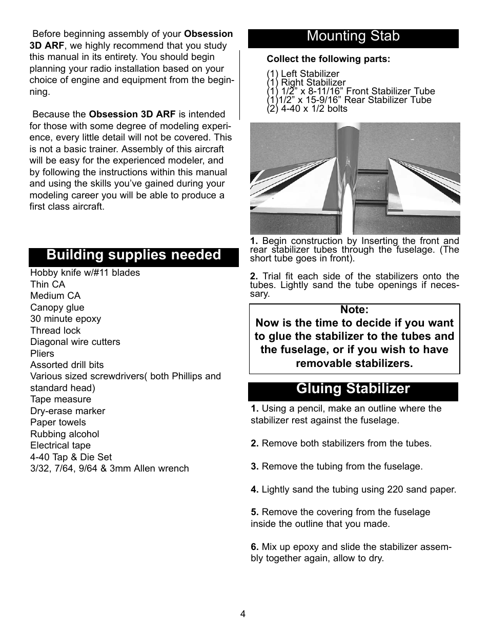 Building supplies needed, Mounting stab, Gluing stabilizer | Carl Goldberg GBGA1090 User Manual | Page 4 / 16