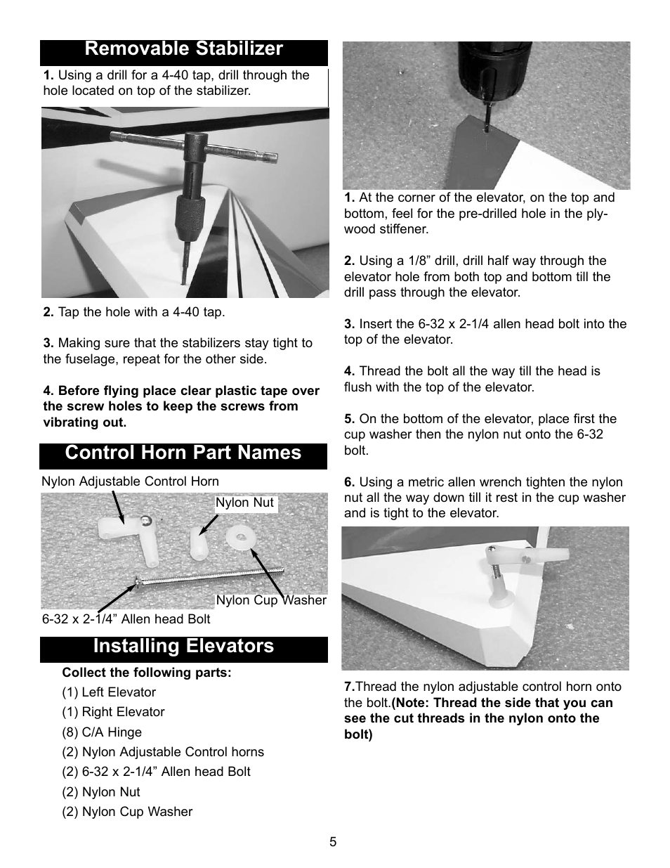 Removable stabilizer, Installing elevators, Control horn part names | Carl Goldberg GBGA1090 User Manual | Page 5 / 16