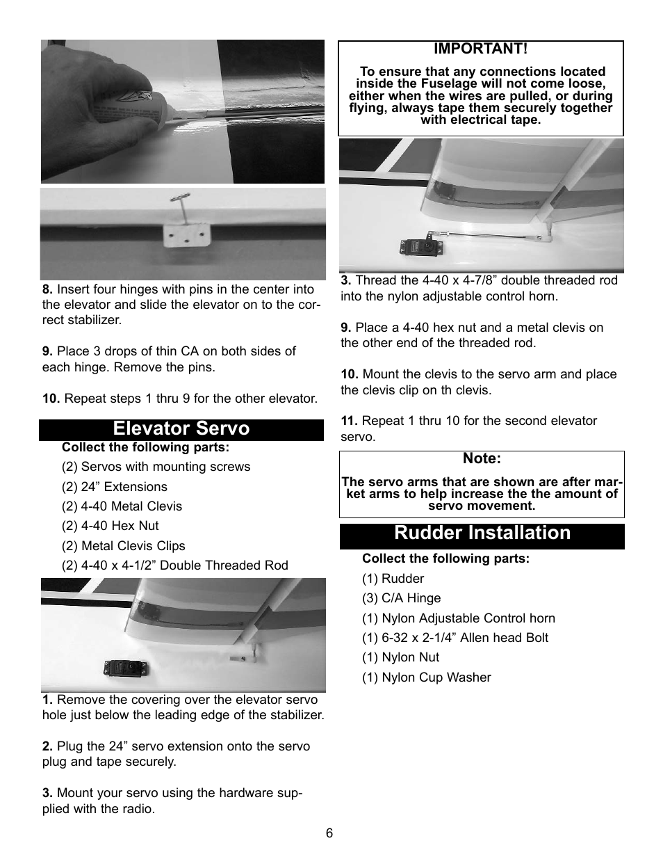 Elevator servo, Rudder installation | Carl Goldberg GBGA1090 User Manual | Page 6 / 16