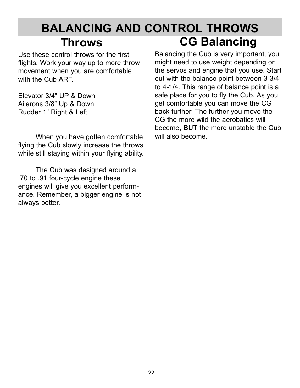 Throws, Balancing and control throws cg balancing | Carl Goldberg GBGA1064 User Manual | Page 22 / 24