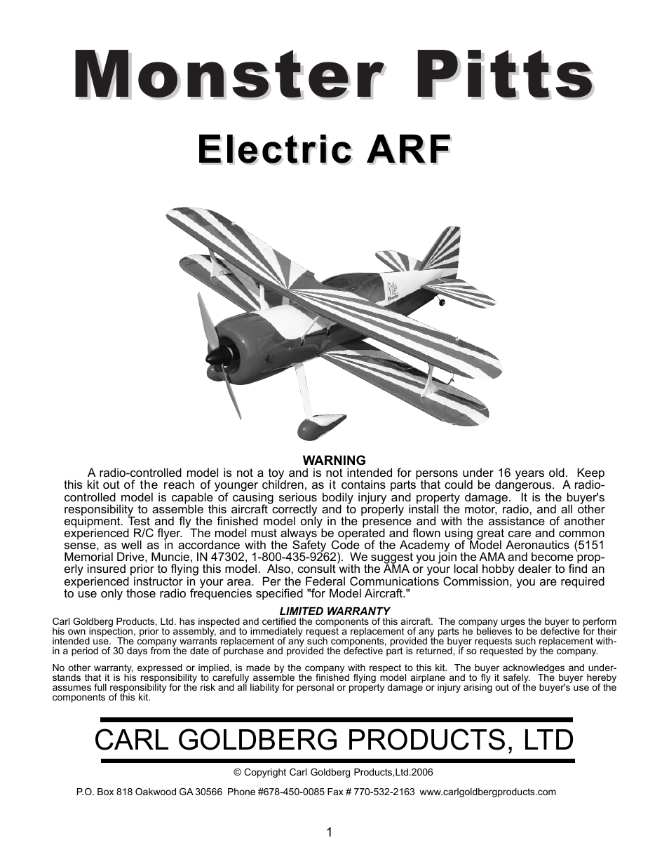 Carl Goldberg GPMA1926 Monster Pitts Electric ARF User Manual | 17 pages
