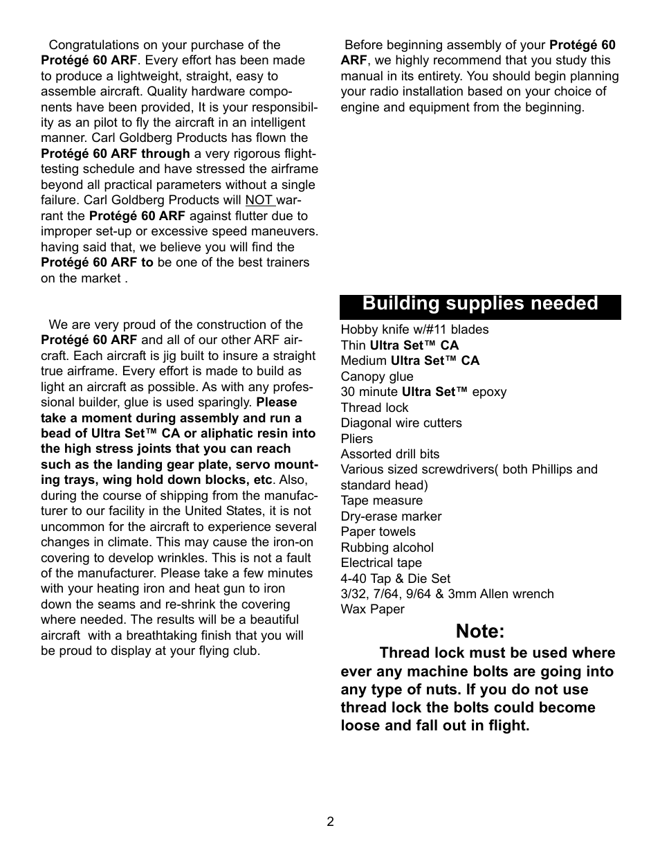 Building supplies needed | Carl Goldberg GBGA1058 User Manual | Page 2 / 9