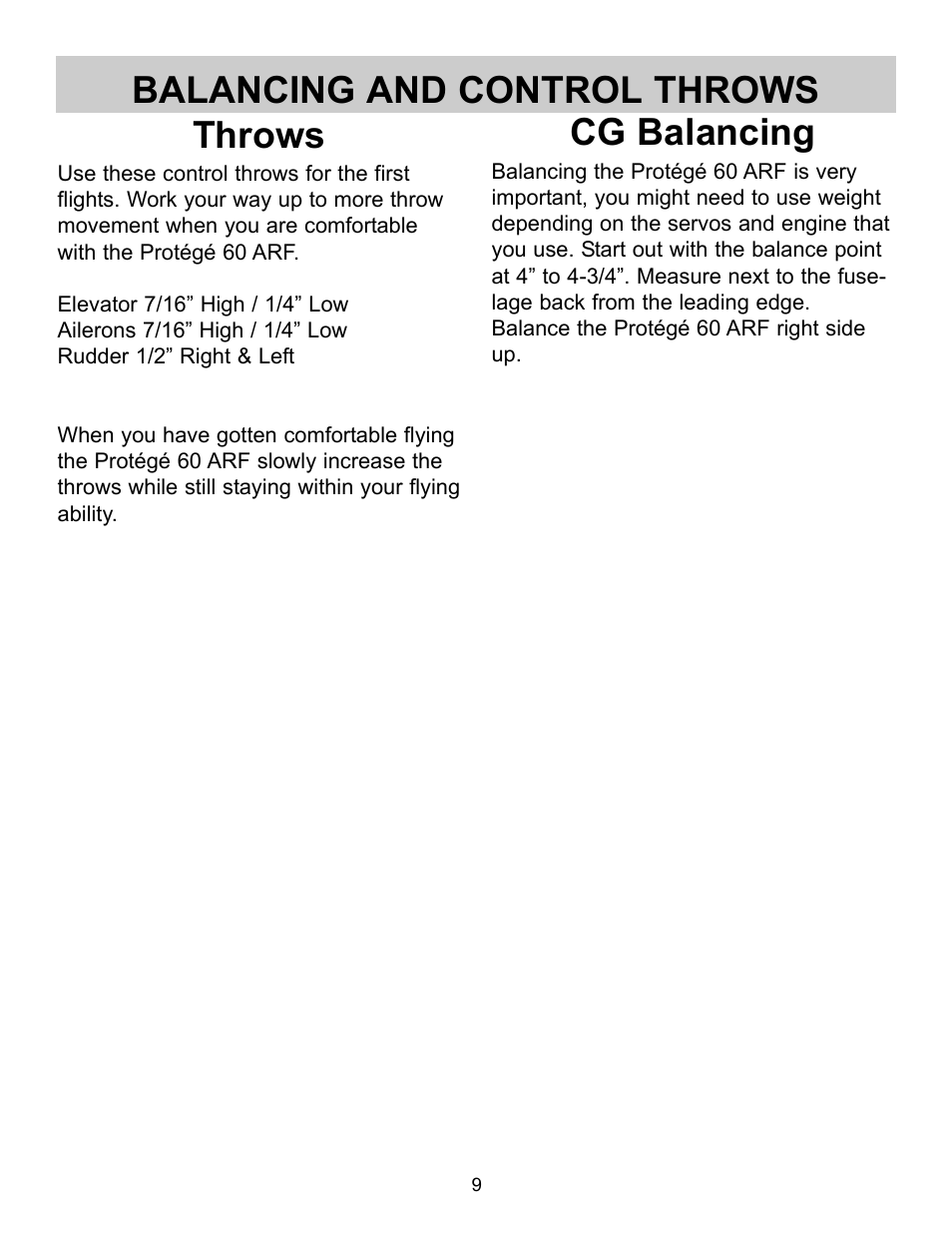 Throws, Balancing and control throws cg balancing | Carl Goldberg GBGA1058 User Manual | Page 9 / 9