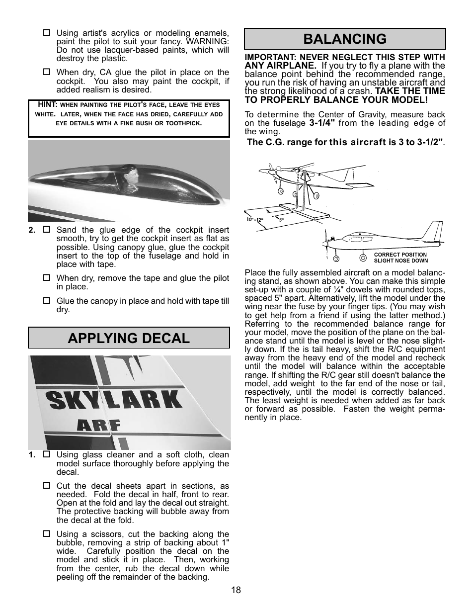 Applying decal, Balancing | Carl Goldberg GBGA1085 User Manual | Page 18 / 19