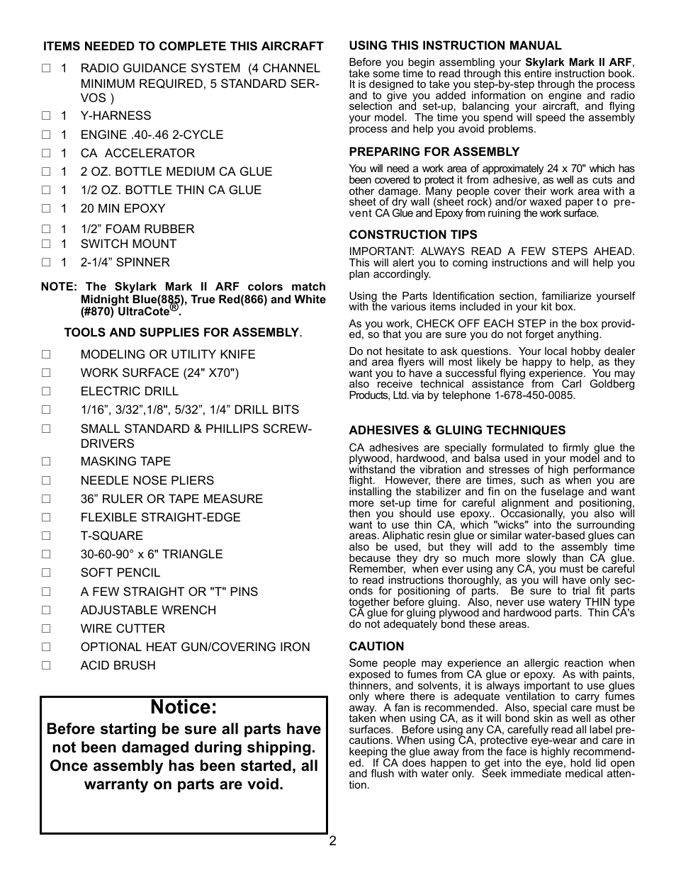 Notice | Carl Goldberg GBGA1085 User Manual | Page 2 / 19