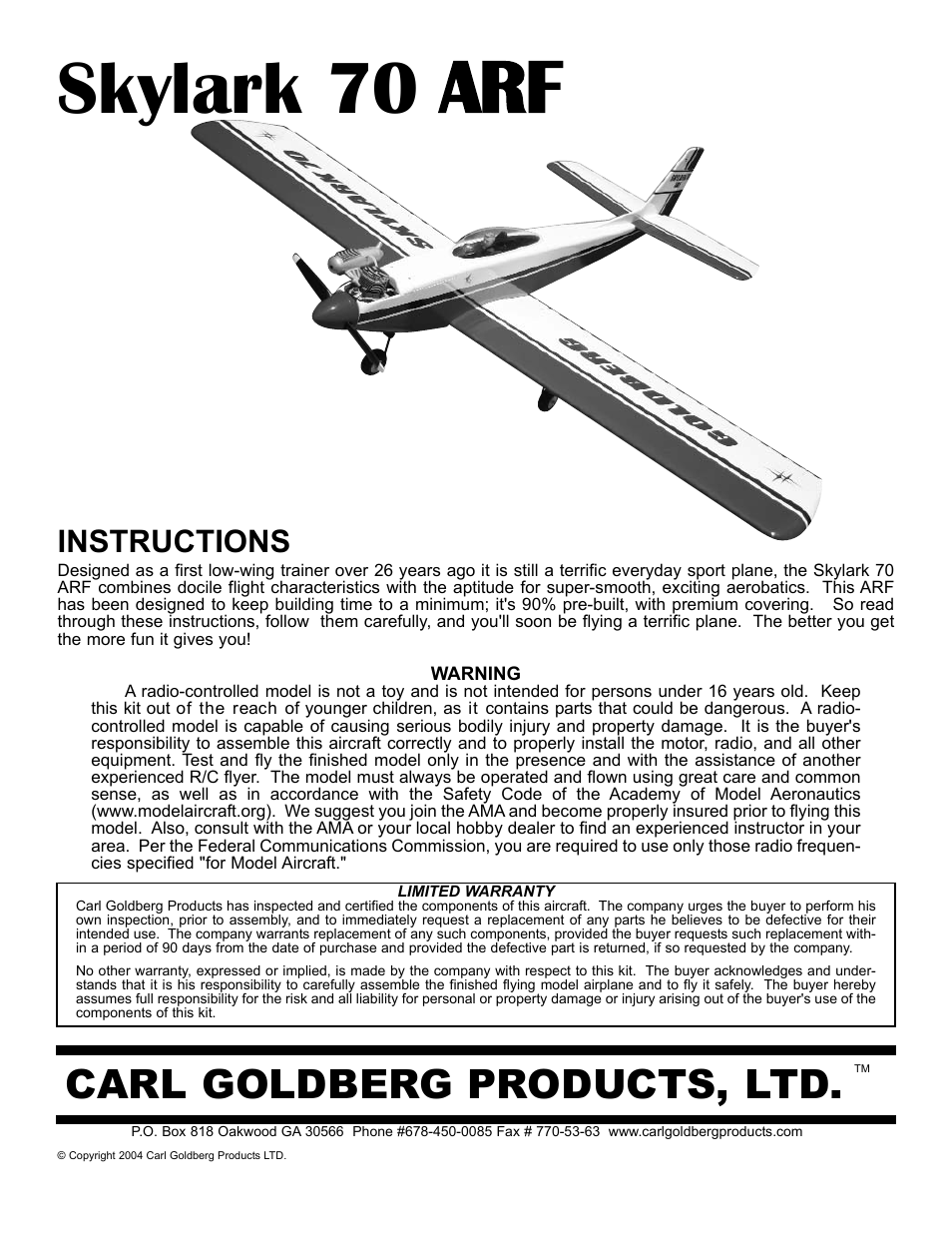 Carl Goldberg GPMA1993 Skylark 70 Sport ARF User Manual | 18 pages