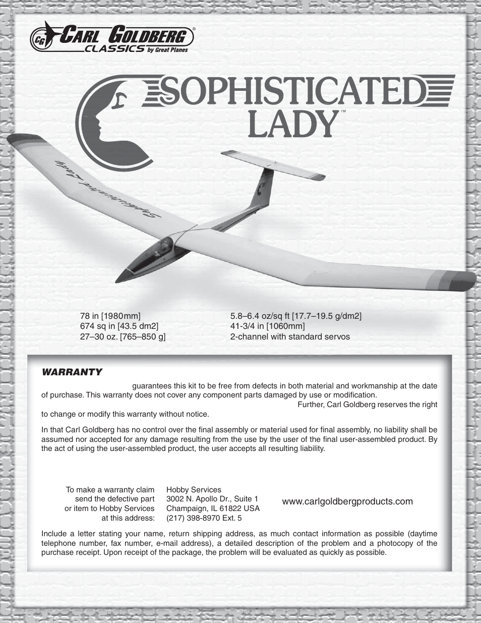 Carl Goldberg GPMA1959 Sophisticated Lady Glider ARF User Manual | 20 pages