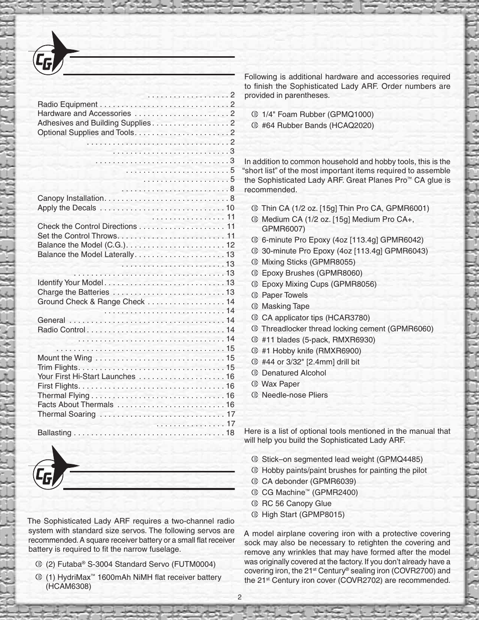 Carl Goldberg GPMA1959 Sophisticated Lady Glider ARF User Manual | Page 2 / 20