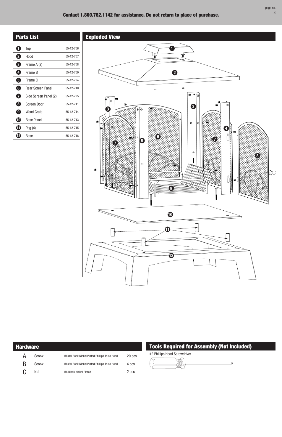 Hardware, Exploded view, Parts list | Tools required for assembly (not included) | Blue Rhino WAF830SP User Manual | Page 3 / 6