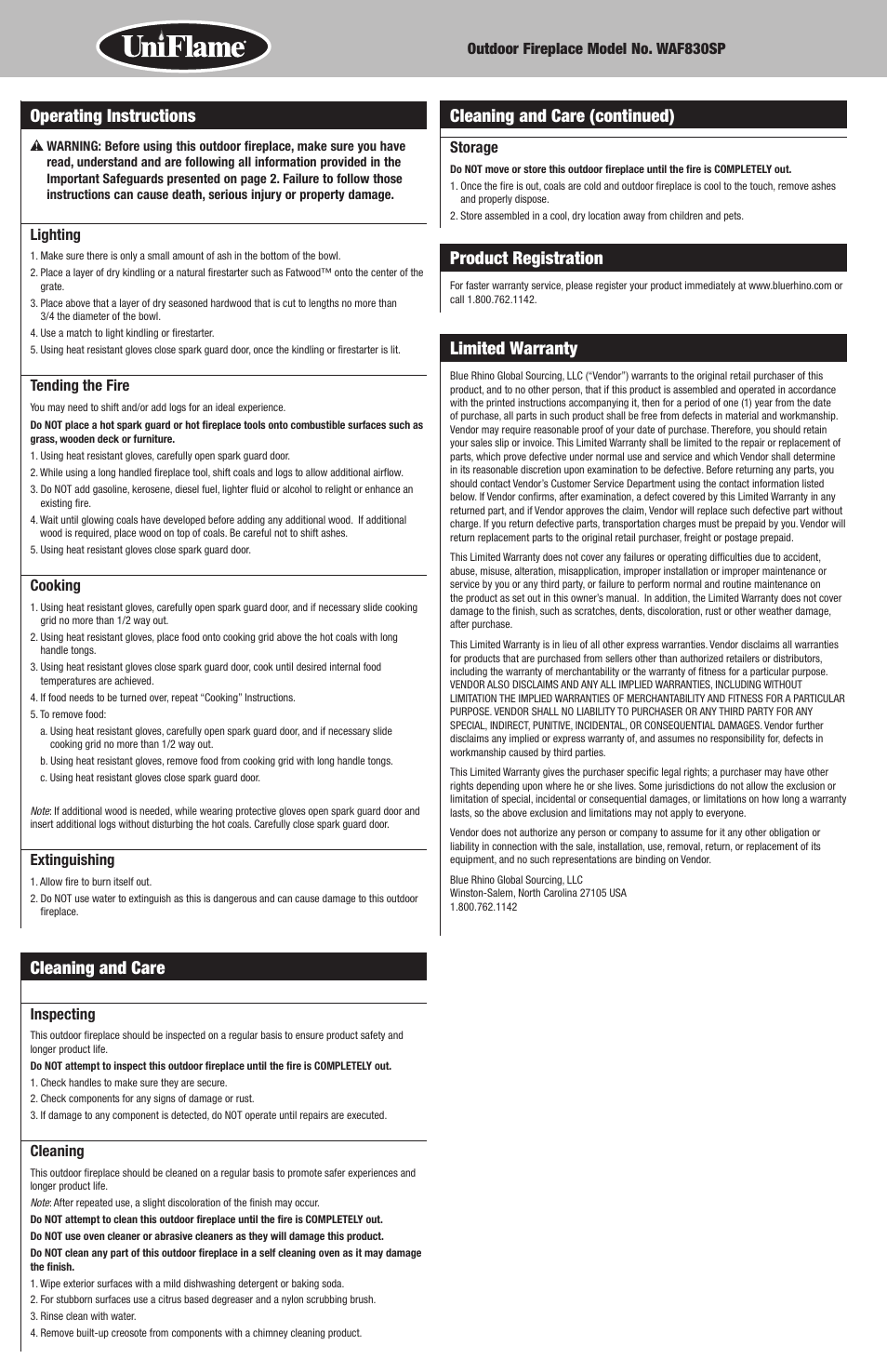 Cleaning and care, Product registration, Limited warranty | Blue Rhino WAF830SP User Manual | Page 6 / 6