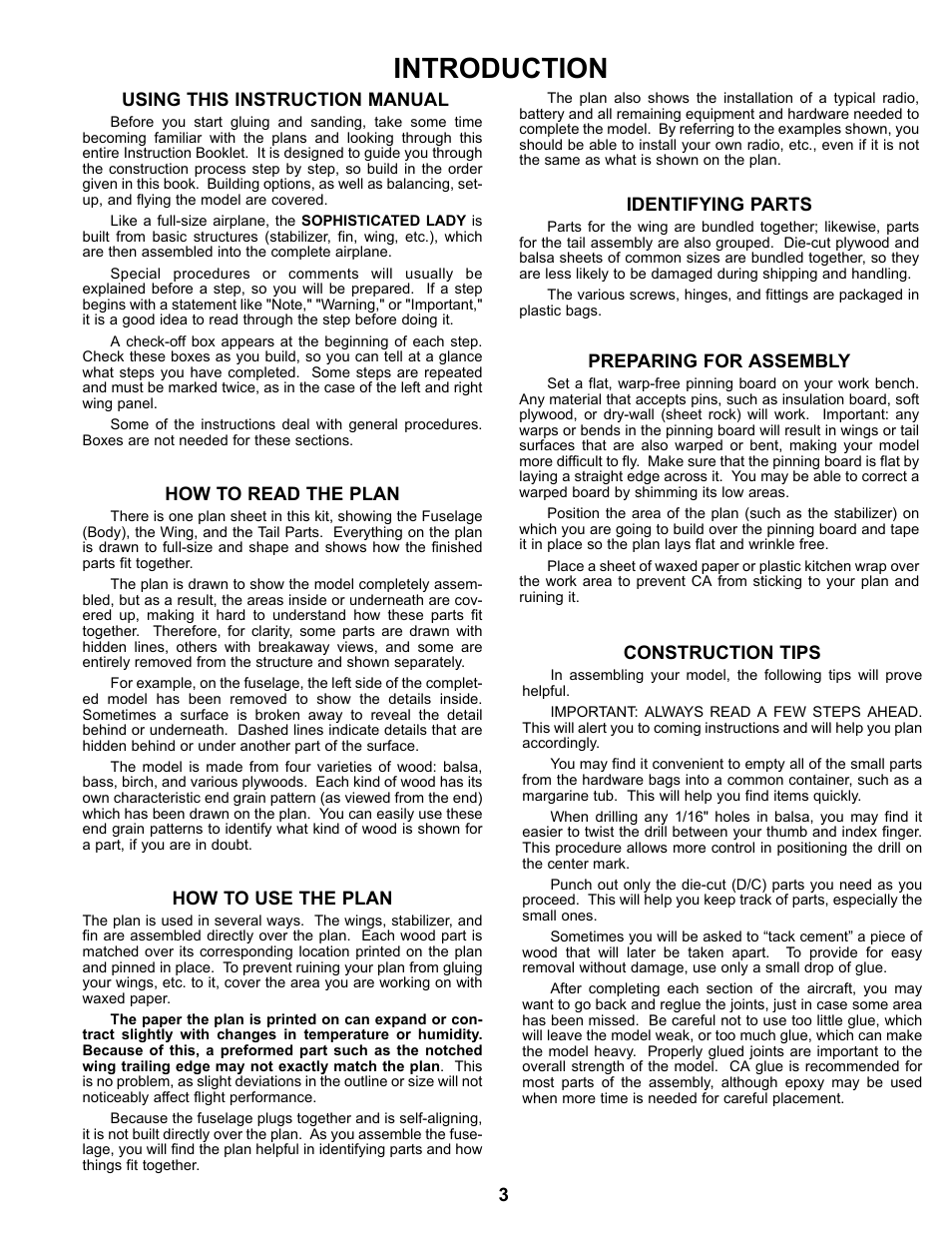Introduction, Using this instruction manual, How to read the plan | How to use the plan, Identifying parts, Preparing for assembly, Construction tips | Carl Goldberg GBGA0059 User Manual | Page 3 / 32