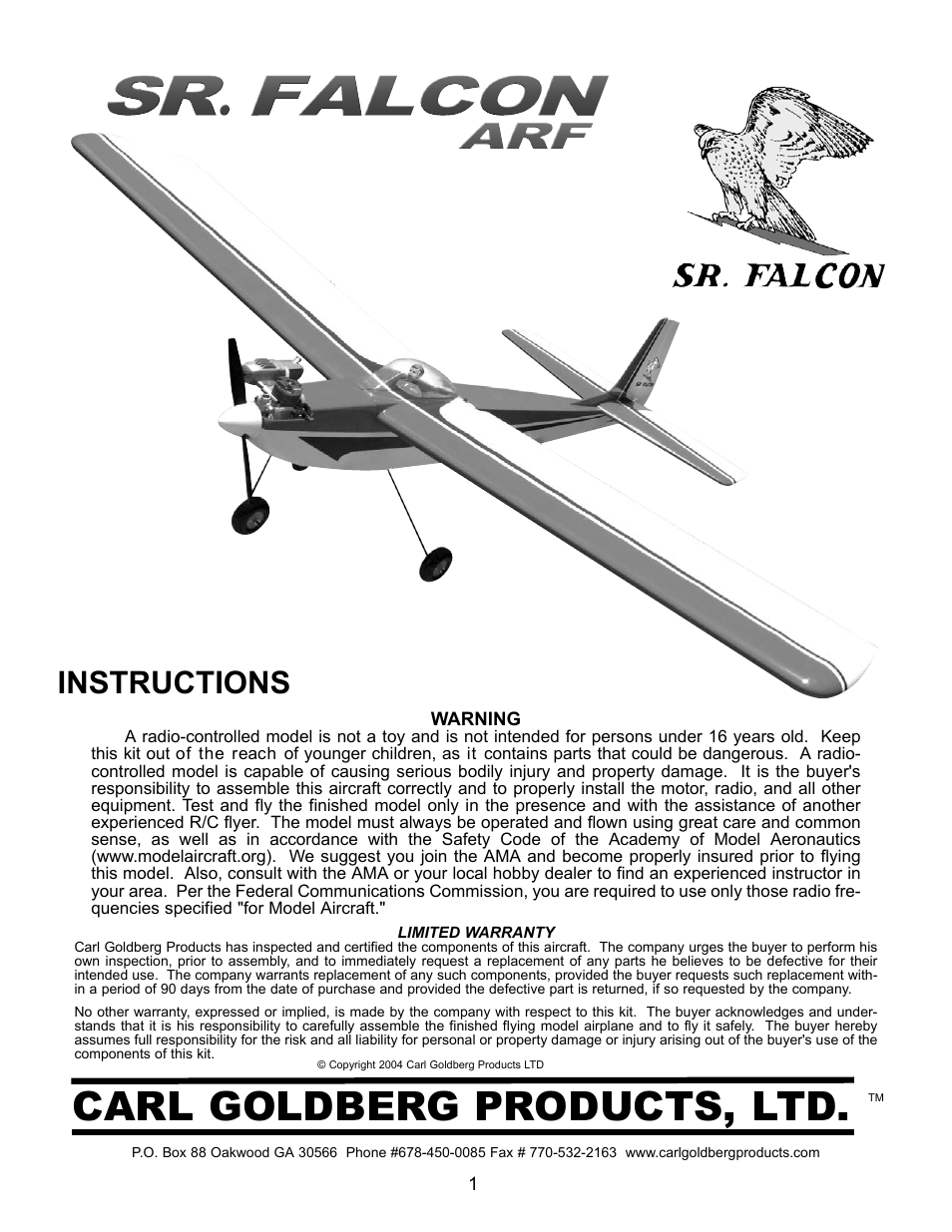 Carl Goldberg GPMA1967 Sr. Falcon ARF User Manual | 21 pages