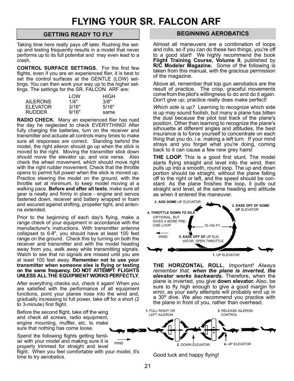 Flying your sr. falcon arf | Carl Goldberg GPMA1967 Sr. Falcon ARF User Manual | Page 21 / 21