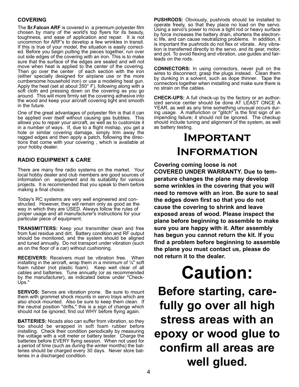 Caution, Important information | Carl Goldberg GPMA1967 Sr. Falcon ARF User Manual | Page 4 / 21