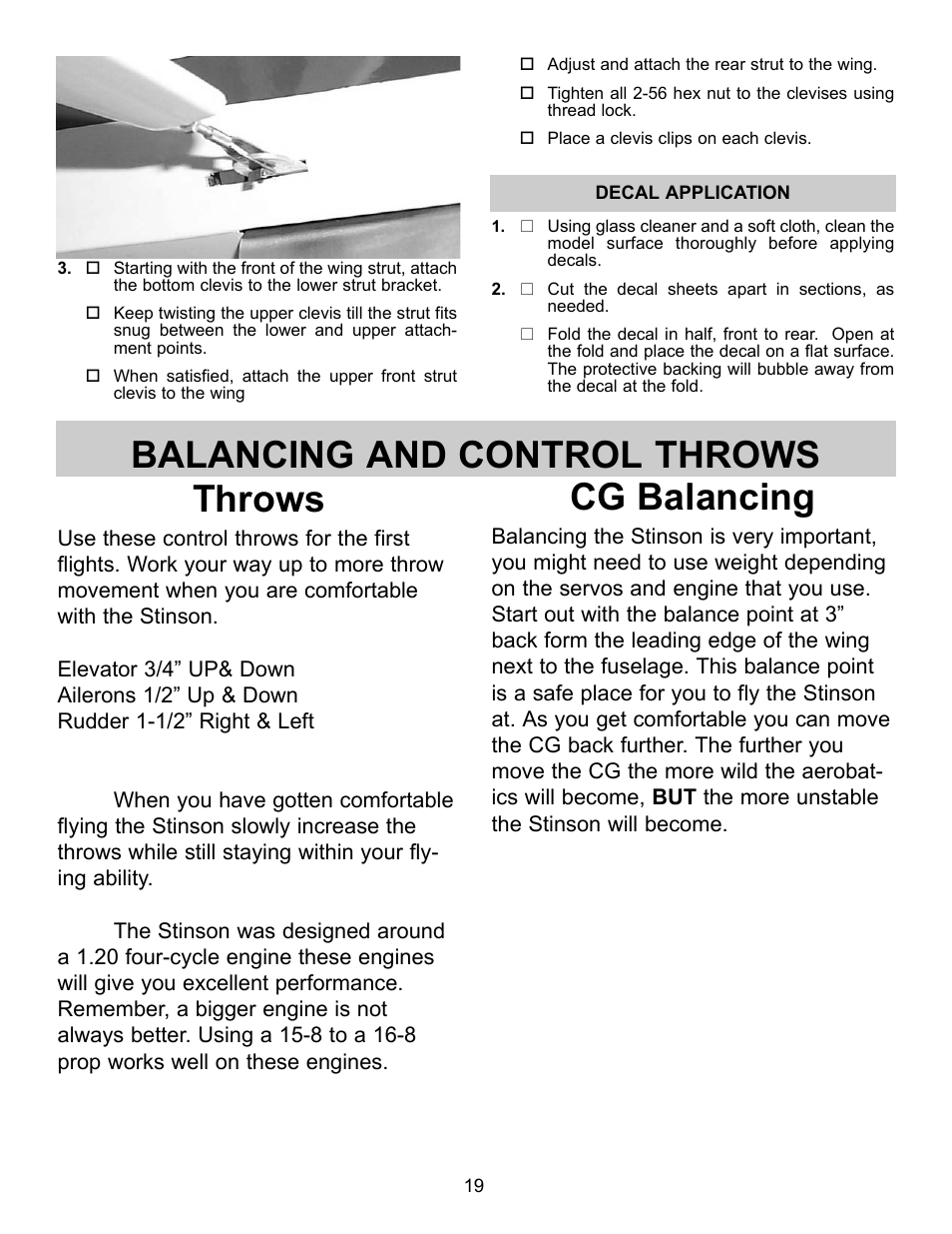 Throws, Balancing and control throws cg balancing | Carl Goldberg GBGA1089 User Manual | Page 19 / 19