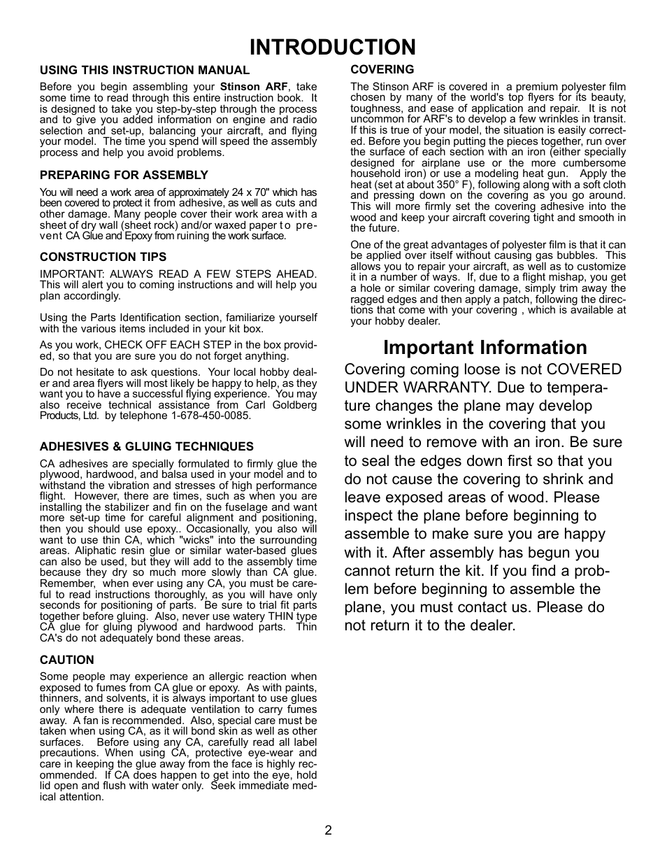 Introduction, Important information | Carl Goldberg GBGA1089 User Manual | Page 2 / 19
