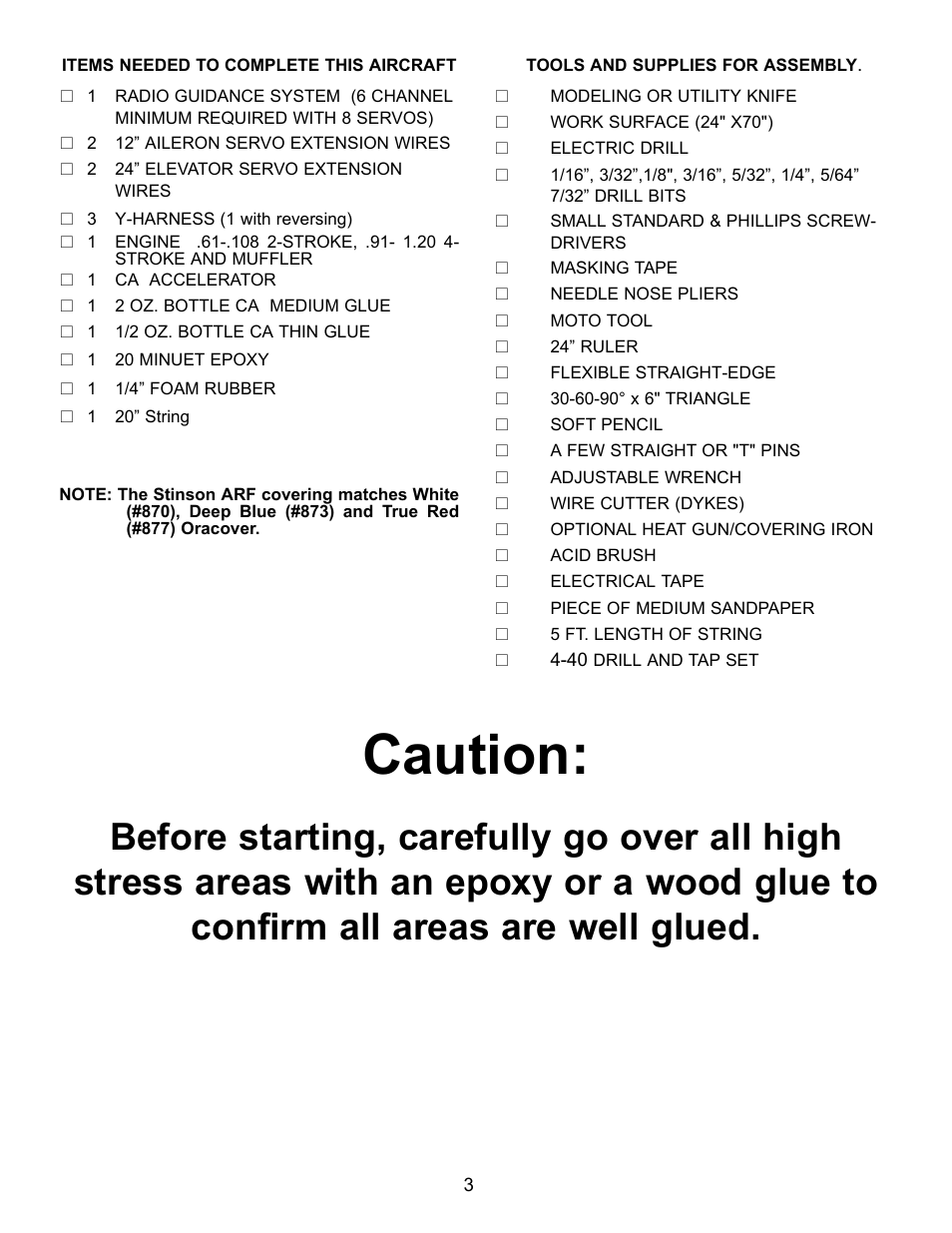 Caution | Carl Goldberg GBGA1089 User Manual | Page 3 / 19