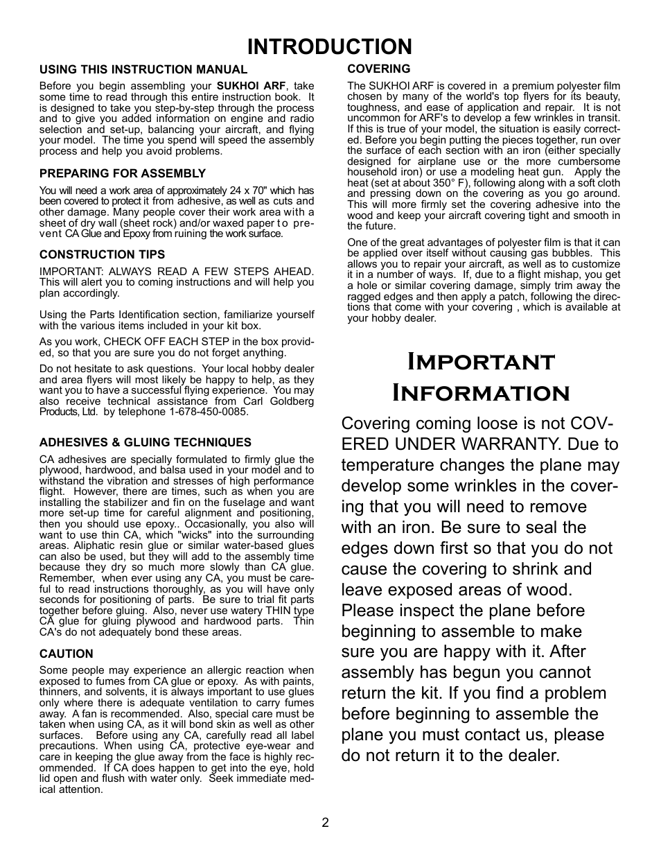 Important information, Introduction | Carl Goldberg GBGA1067 User Manual | Page 2 / 19