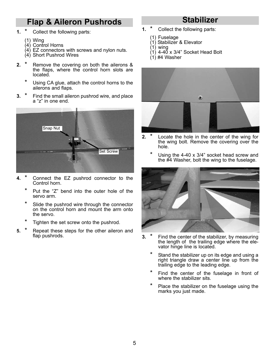 Flap & aileron pushrods, Stabilizer | Carl Goldberg GBGA1024 User Manual | Page 5 / 9