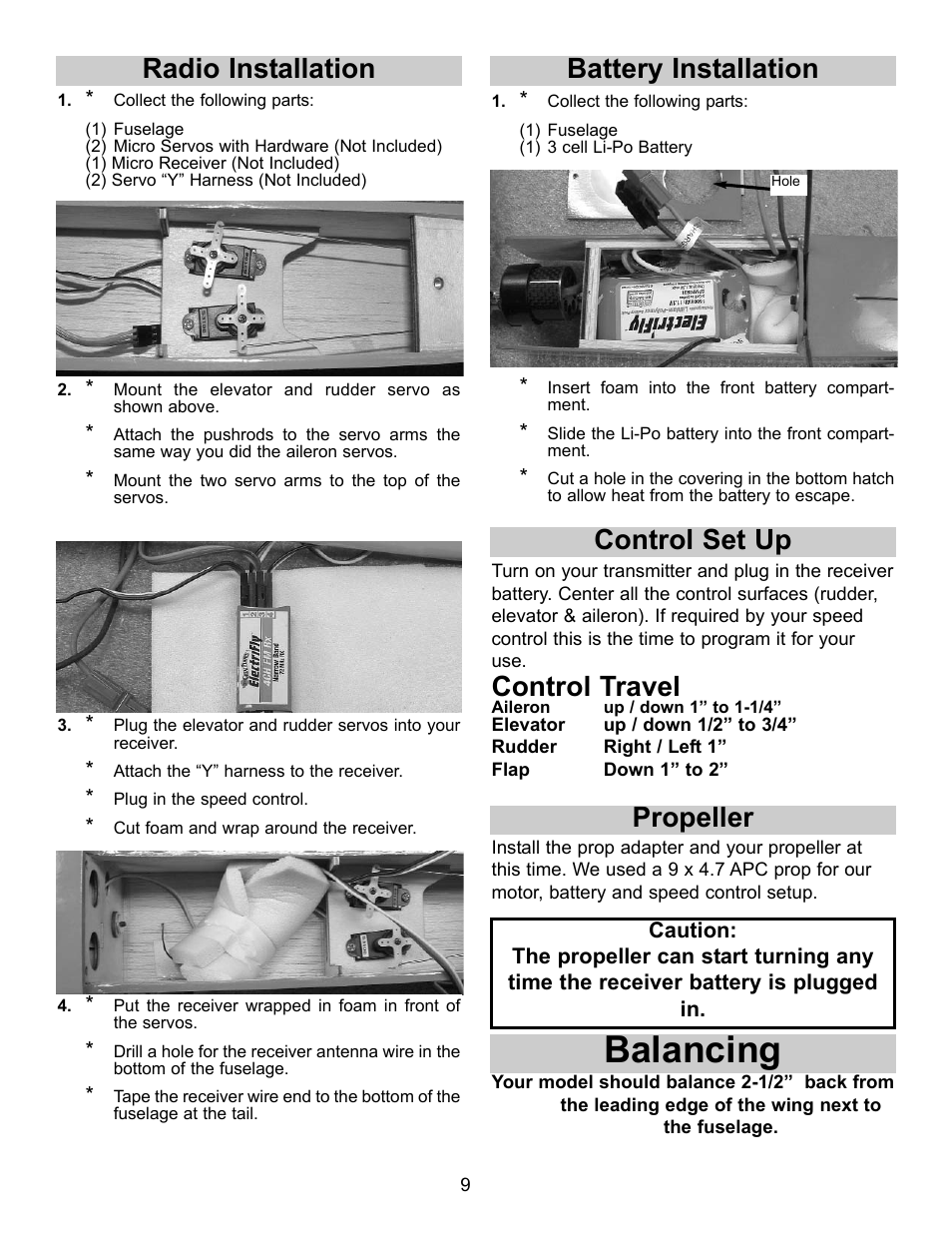 Balancing, Radio installation, Battery installation | Control set up, Control travel, Propeller | Carl Goldberg GBGA1024 User Manual | Page 9 / 9