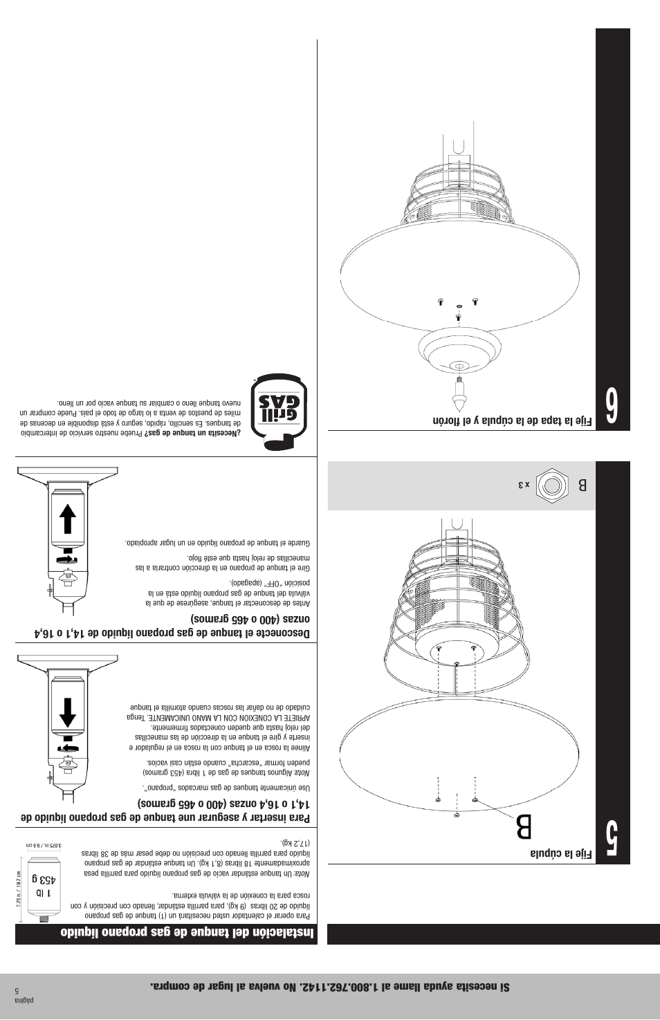 Instrucciones de armado, Instalación del tanque de gas propano líquido | Blue Rhino Charmglow 82300 User Manual | Page 12 / 16