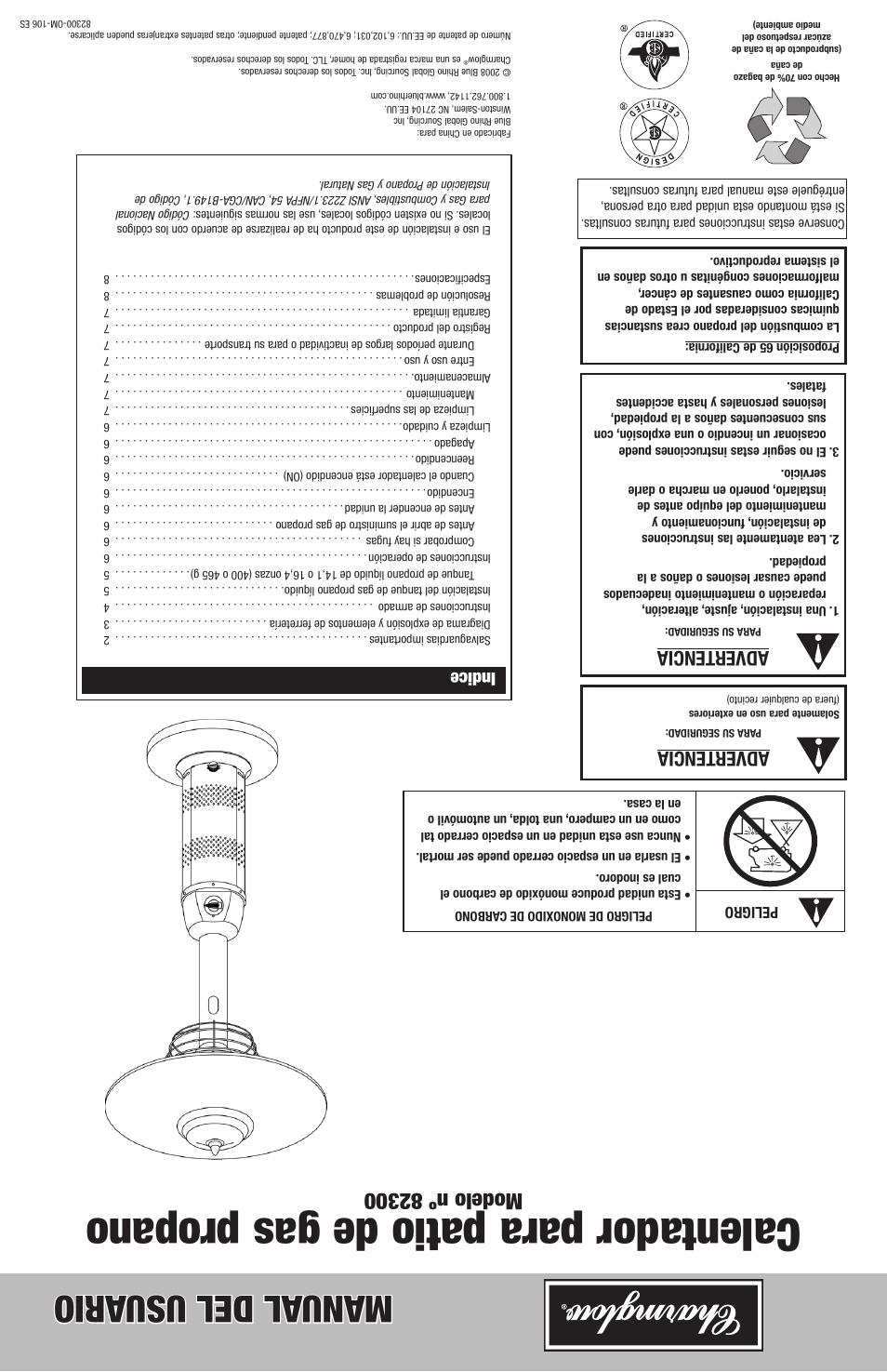 Calentador para patio de gas propano, Manual del usu ario, Advertencia | Indice | Blue Rhino Charmglow 82300 User Manual | Page 16 / 16