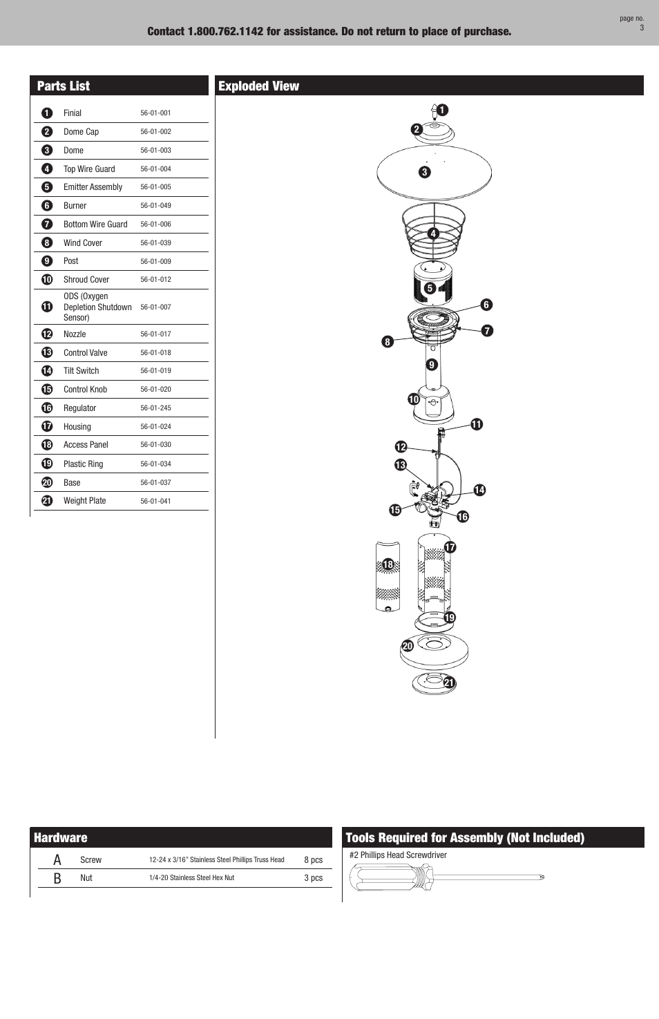 Tools required for assembly (not included), Exploded view hardware, Parts list | Blue Rhino Charmglow 82300 User Manual | Page 3 / 16