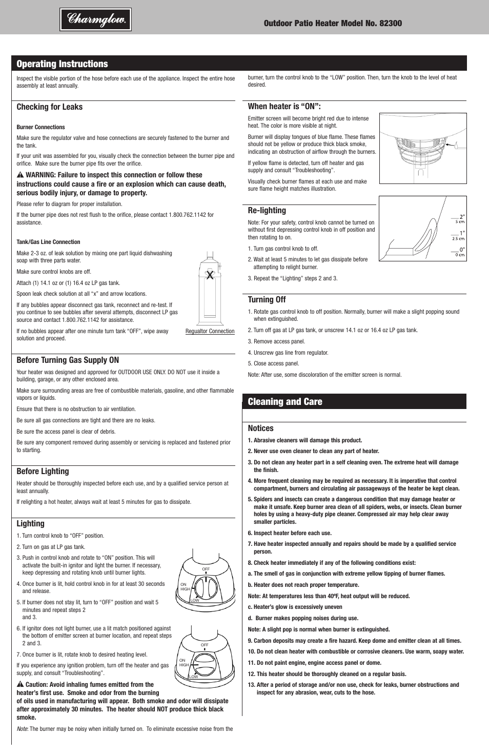 Operating instructions, Cleaning and care, Checking for leaks | Before turning gas supply on, Before lighting, Lighting, When heater is “on, Re-lighting, Turning off, Notices | Blue Rhino Charmglow 82300 User Manual | Page 6 / 16