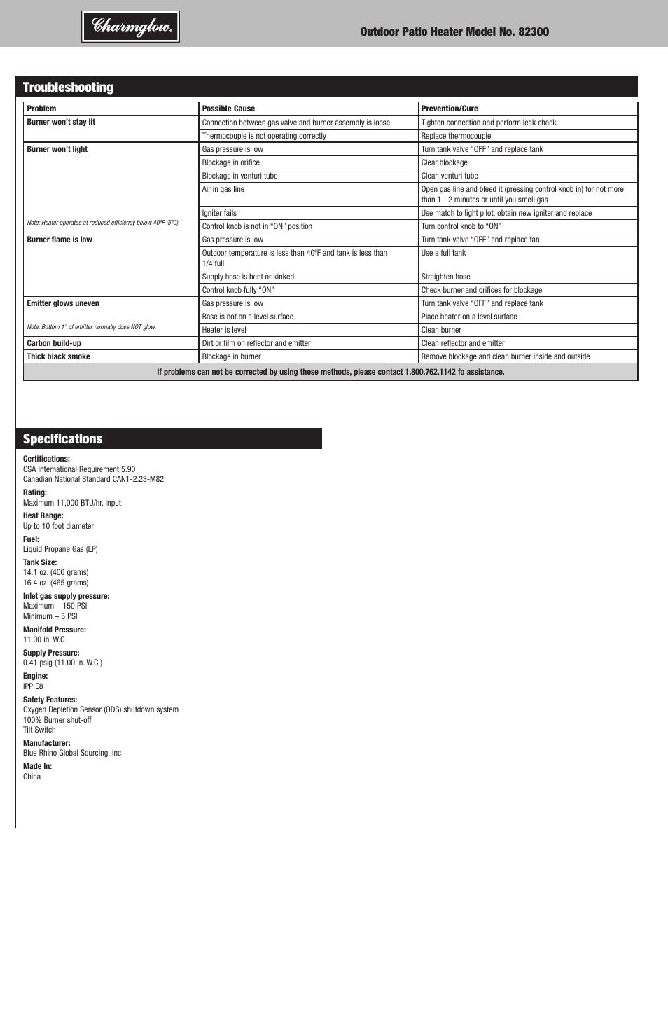 Troubleshooting, Specifications | Blue Rhino Charmglow 82300 User Manual | Page 8 / 16