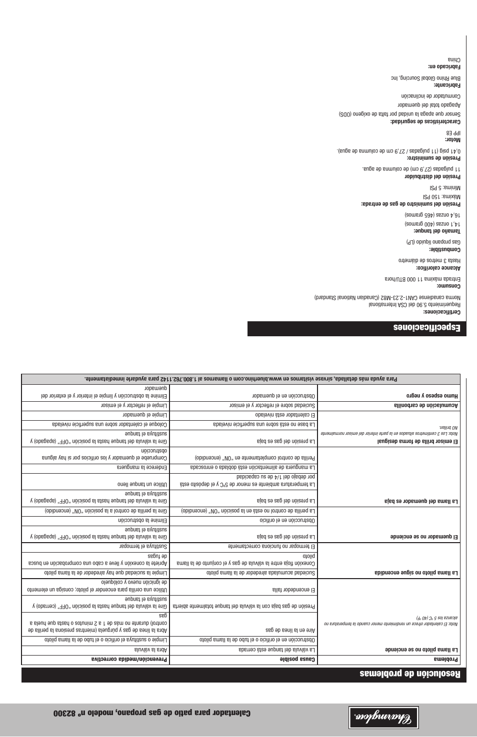 Resolución de problemas, Especificaciones | Blue Rhino Charmglow 82300 User Manual | Page 9 / 16