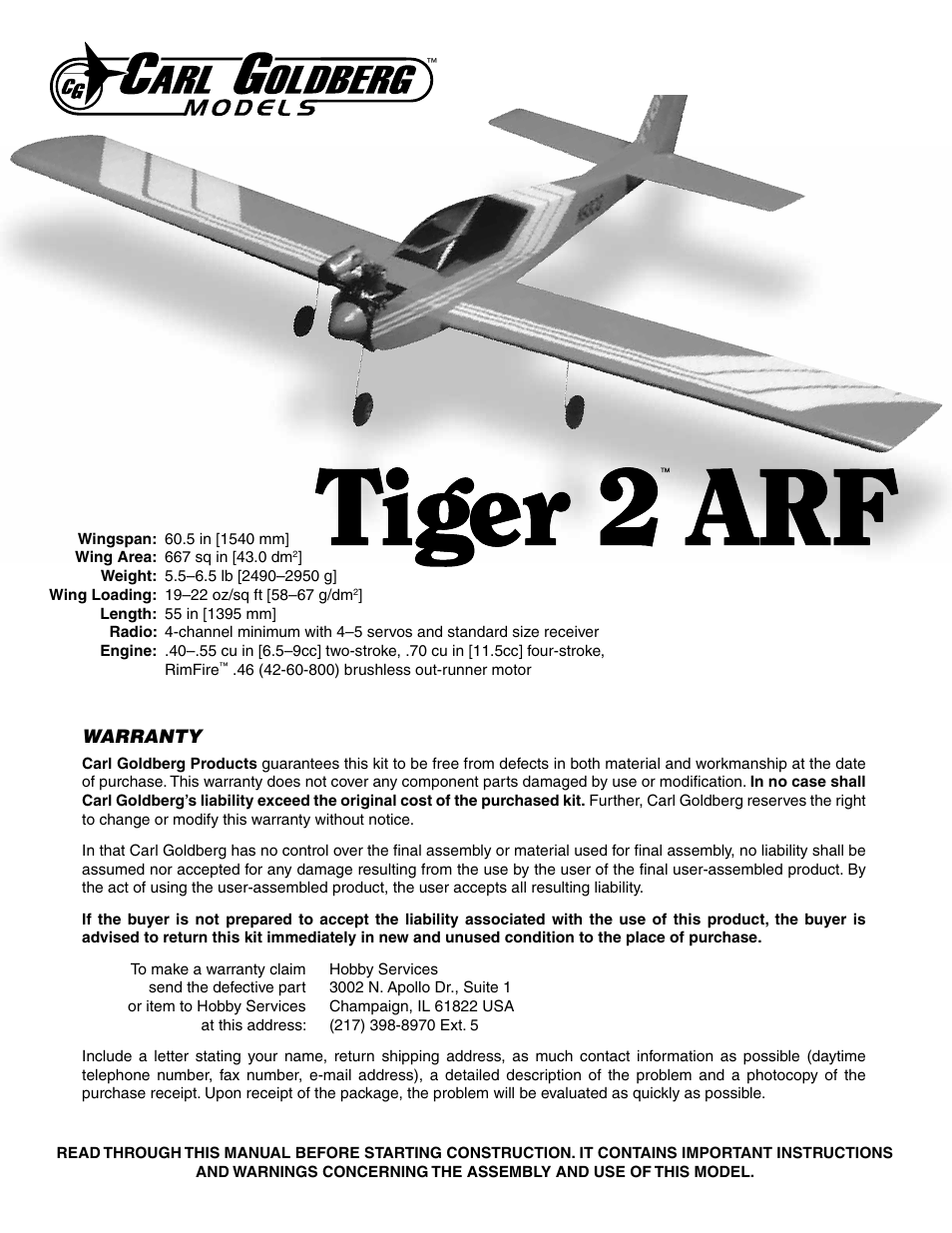 Carl Goldberg GPMA1966 Tiger 2 ARF User Manual | 24 pages