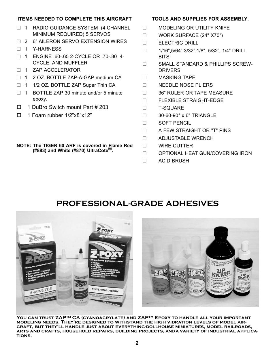 Professional-grade adhesives | Carl Goldberg GPMA1968 Tiger 60 ARF User Manual | Page 2 / 27