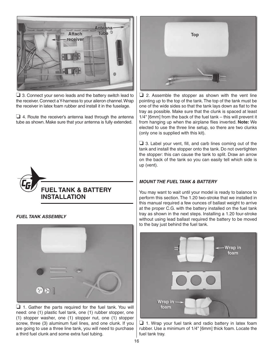 Fuel tank & battery installation | Carl Goldberg GBGA1047 User Manual | Page 16 / 24