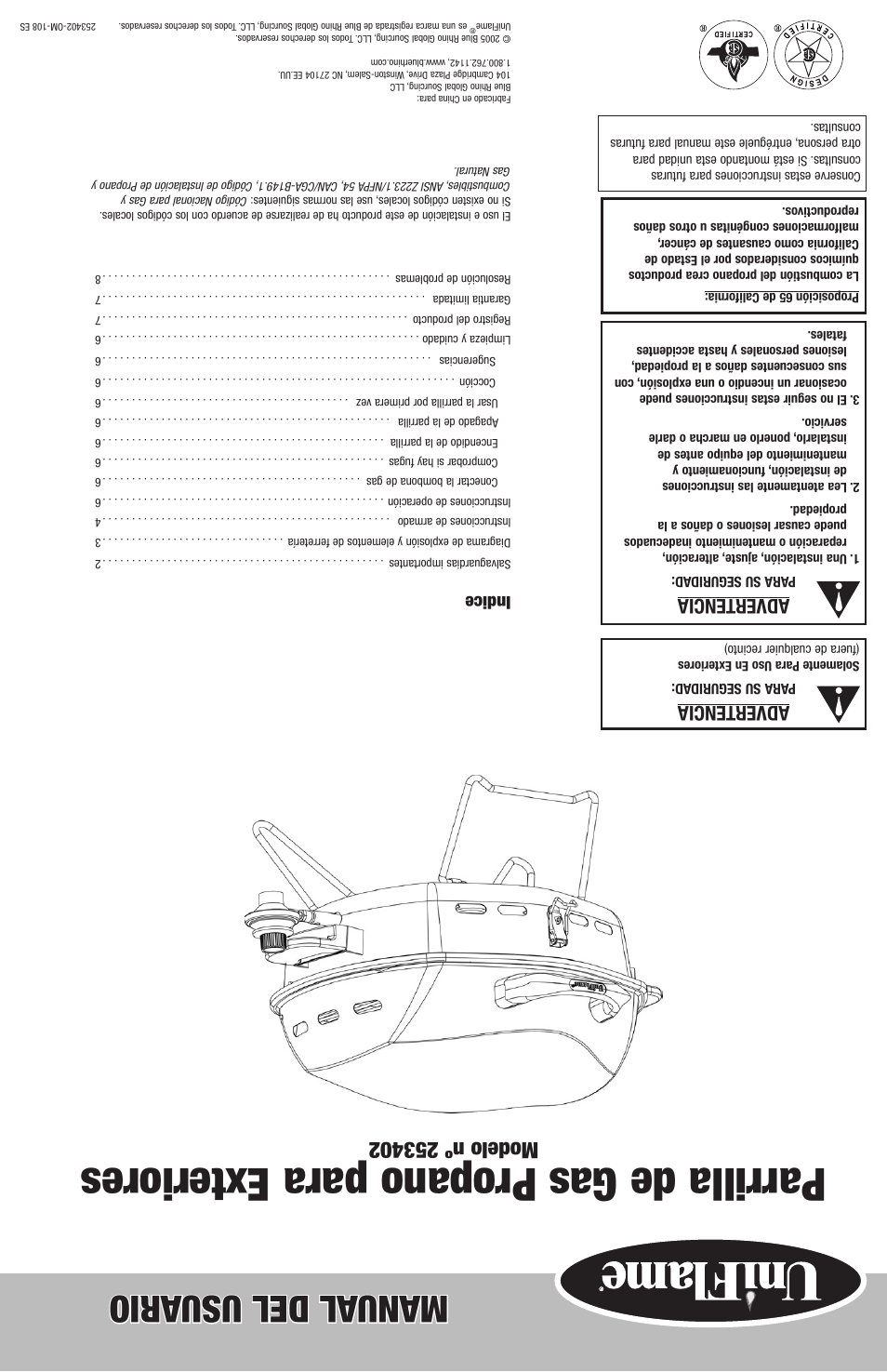 Parrilla de gas propano para exteriores, Manual del usu ario, Advertencia | Indice | Blue Rhino 253402 User Manual | Page 9 / 16