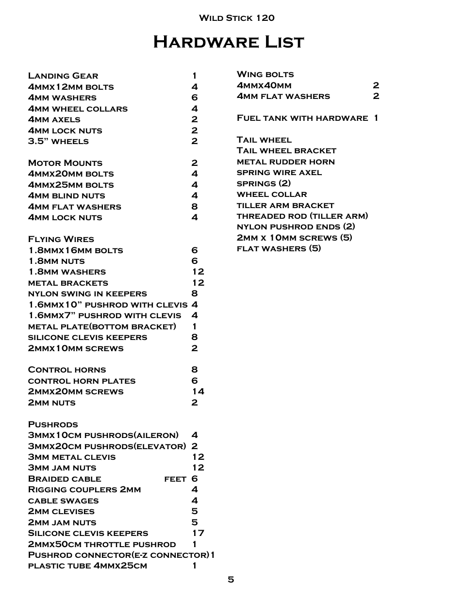 Hardware list | Carl Goldberg GBGA1084 User Manual | Page 5 / 24