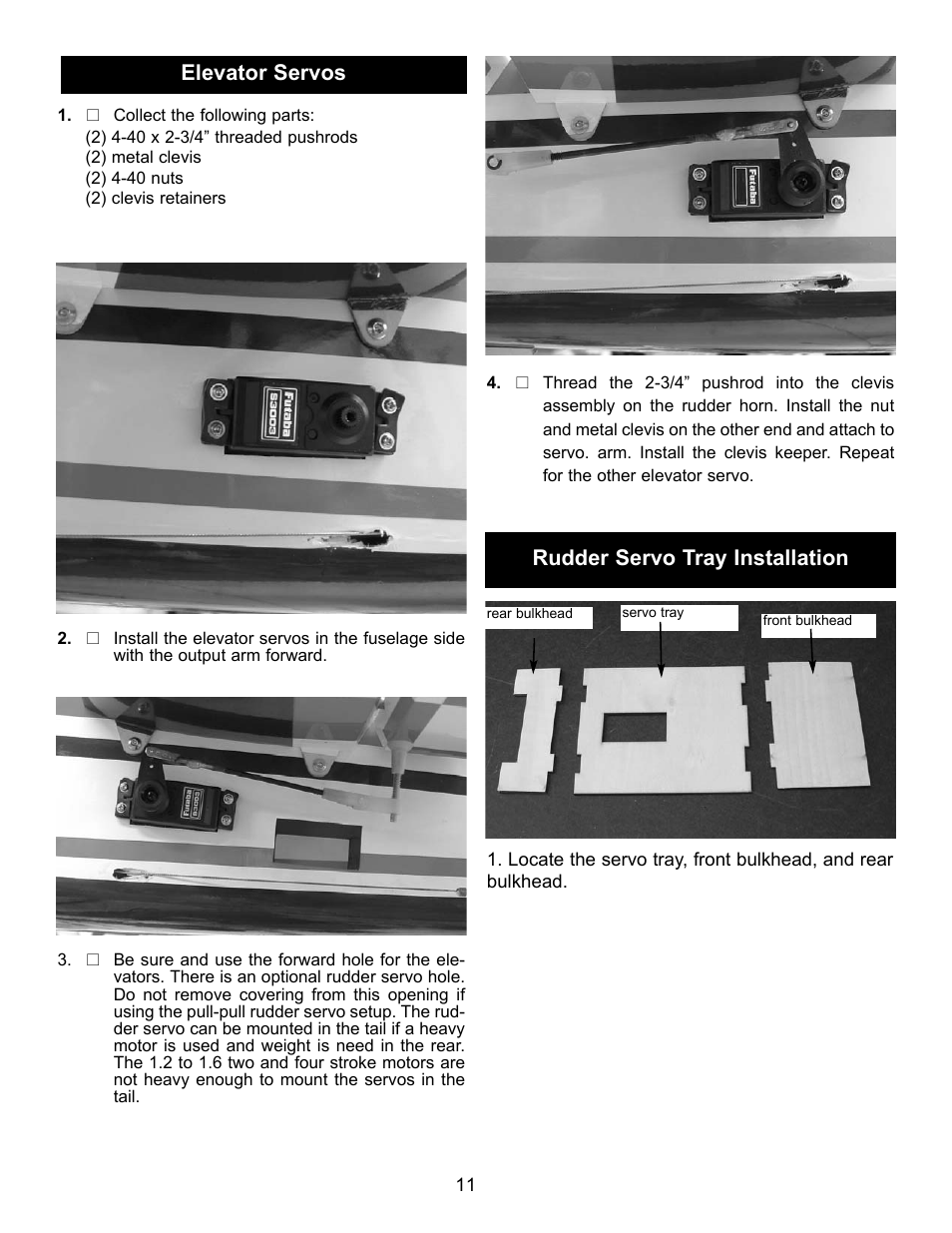 Elevator servos, Rudder servo tray installation | Carl Goldberg GBGA1043 User Manual | Page 11 / 21