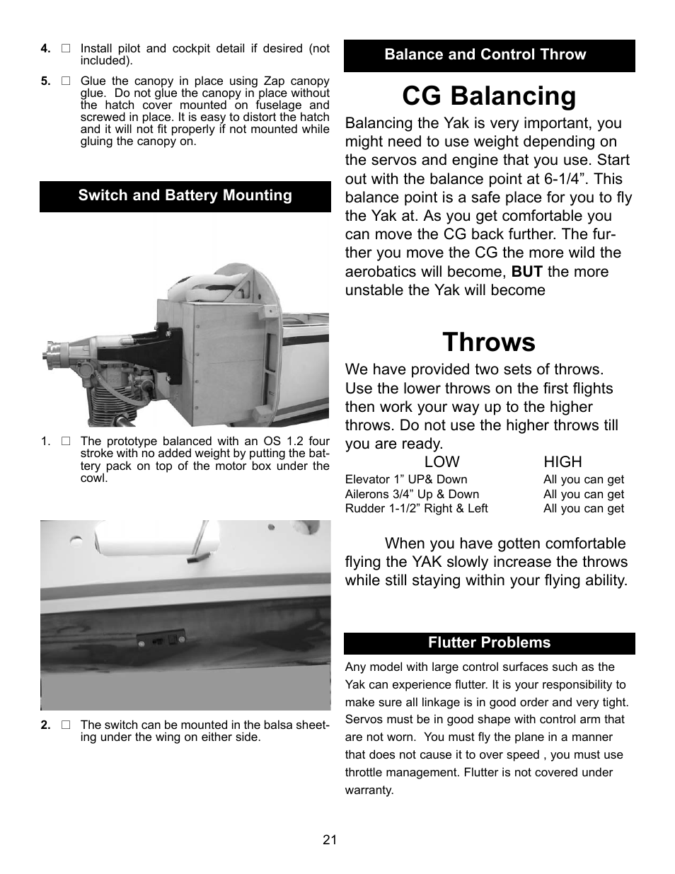 Cg balancing, Throws | Carl Goldberg GBGA1043 User Manual | Page 21 / 21