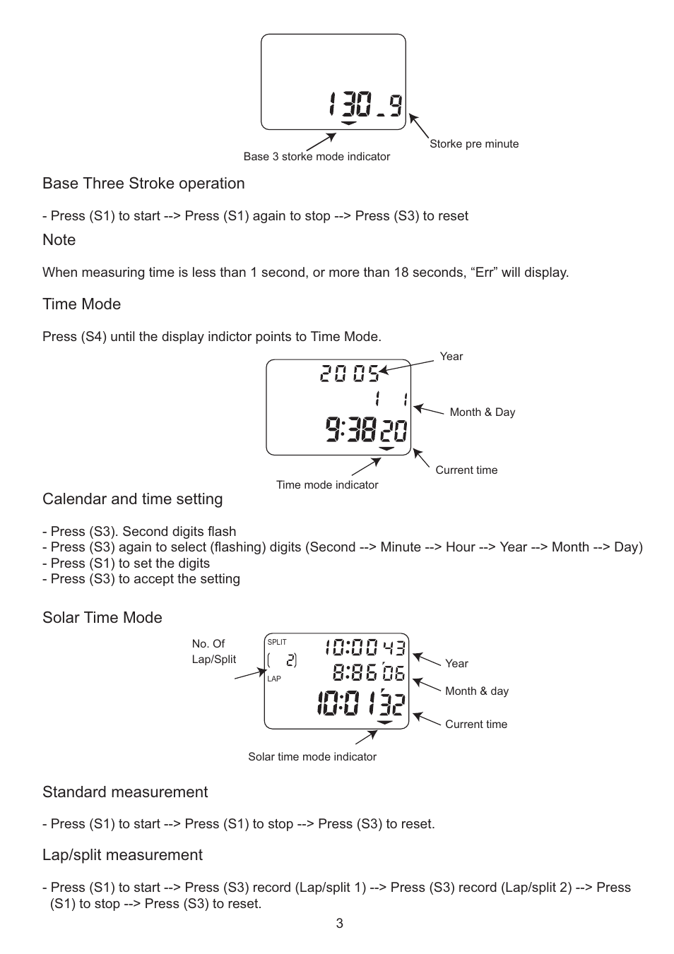 Time mode, Calendar and time setting, Standard measurement | Lap/split measurement, Base three stroke operation, Solar time mode | CEI 320 ULTRAK User Manual | Page 3 / 5