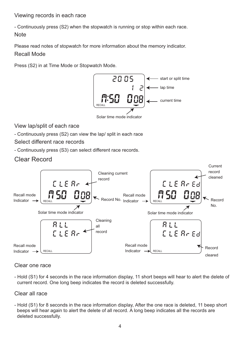 Clear record, Clear one race, Clear all race | View lap/split of each race, Select different race records, Viewing records in each race, Recall mode | CEI 320 ULTRAK User Manual | Page 4 / 5