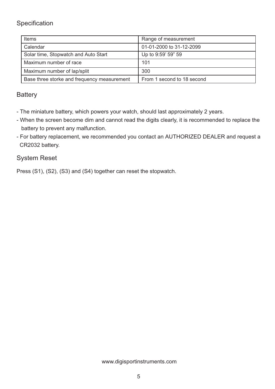 Battery, System reset, Specification | CEI 320 ULTRAK User Manual | Page 5 / 5