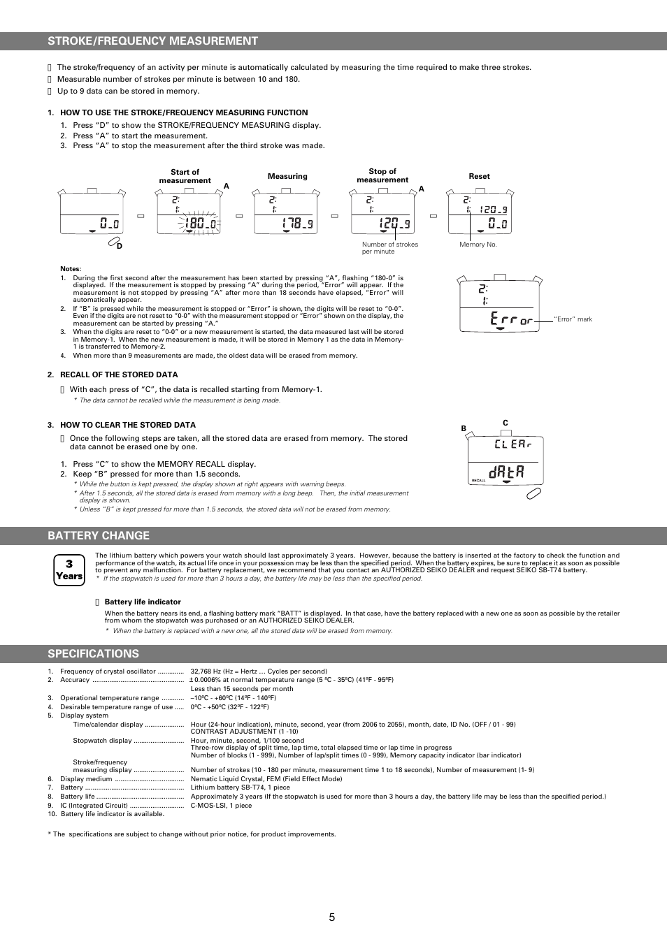Stroke/frequency measurement, Battery change, Specifications | CEI S141 SEIKO User Manual | Page 5 / 5