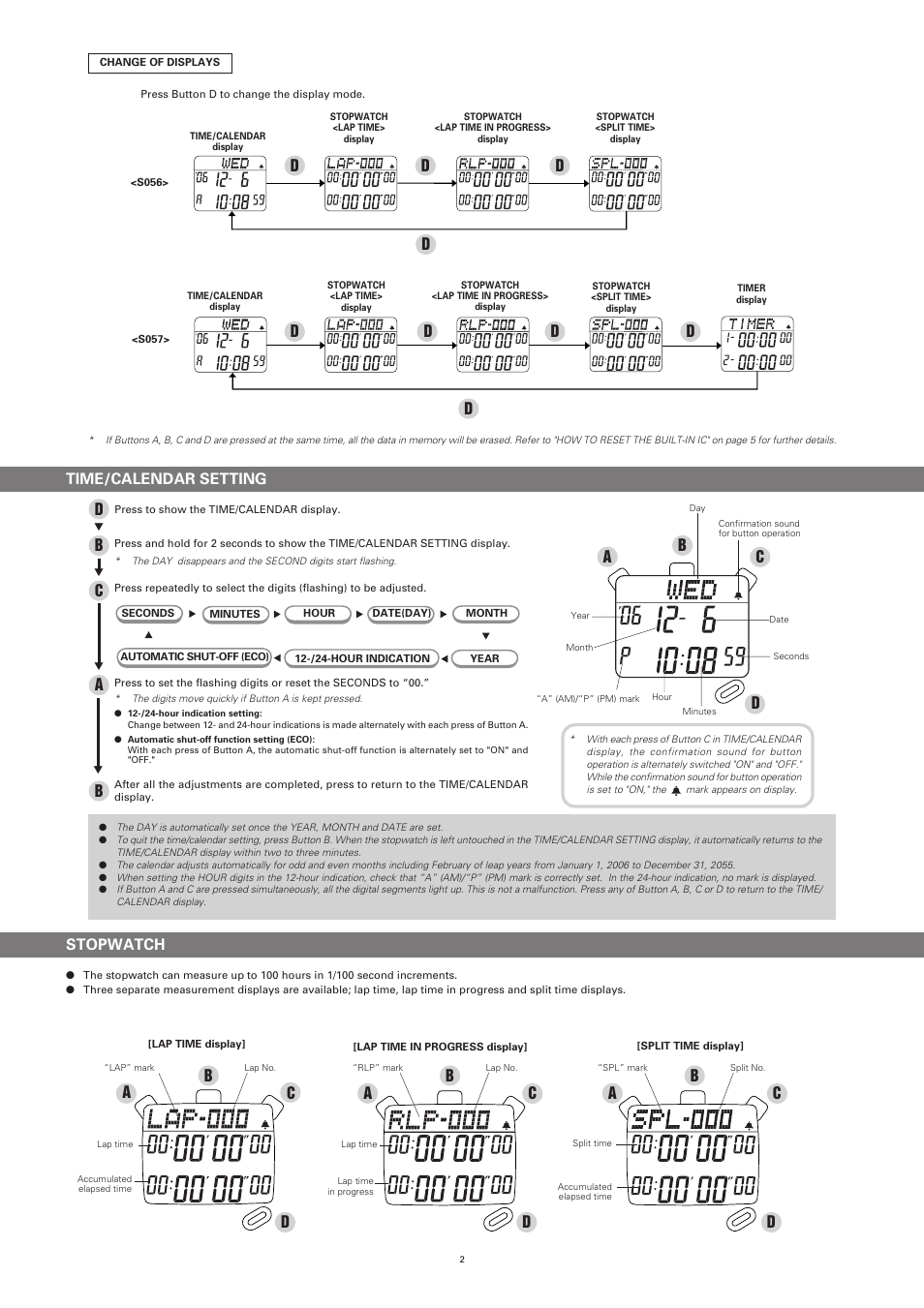 Db a c, Time/calendar setting, Ac b d | Stopwatch | CEI S057 SEIKO User Manual | Page 2 / 5