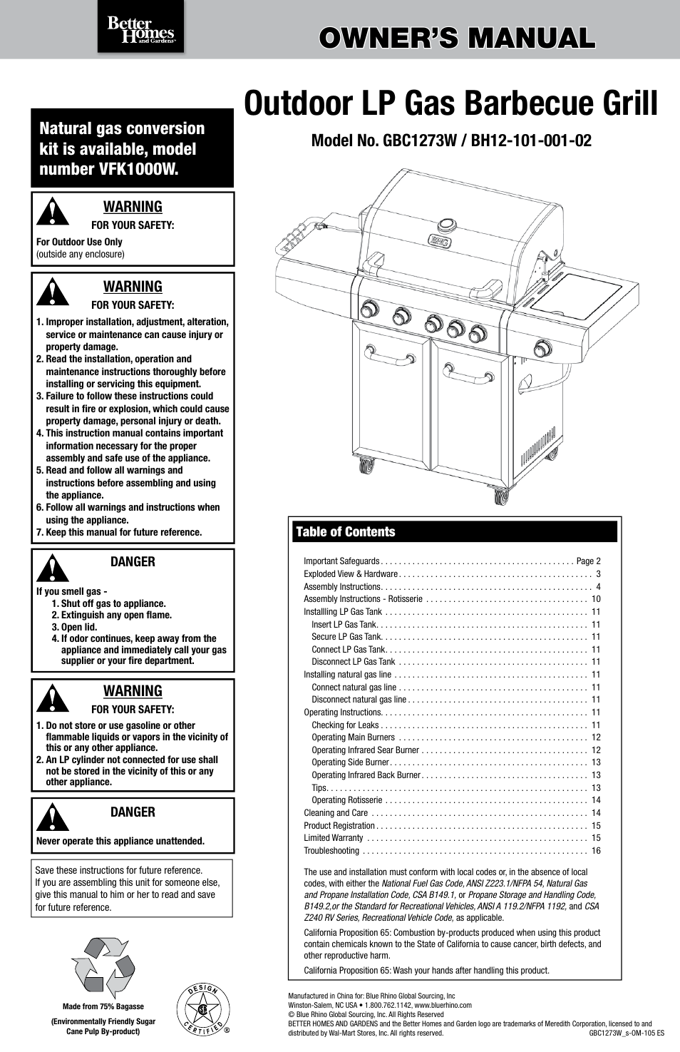 Blue Rhino OUTDOOR LP GBC1273W User Manual | 36 pages