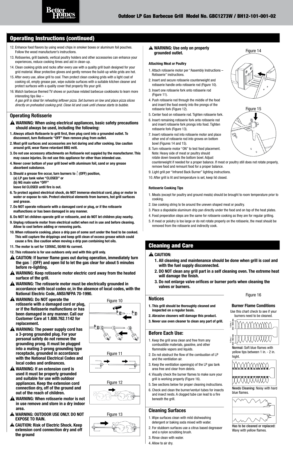 Cleaning and care, Operating instructions (continued) | Blue Rhino OUTDOOR LP GBC1273W User Manual | Page 14 / 36