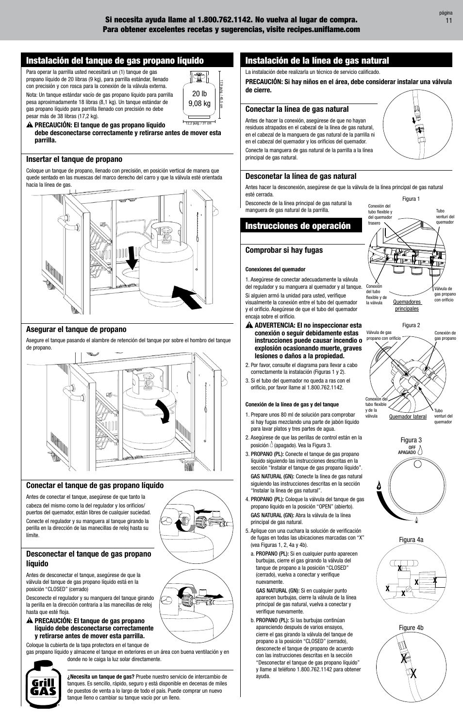 Instalación del tanque de gas propano líquido, Instalación de la línea de gas natural, Instrucciones de operación | Blue Rhino OUTDOOR LP GBC1273W User Manual | Page 28 / 36