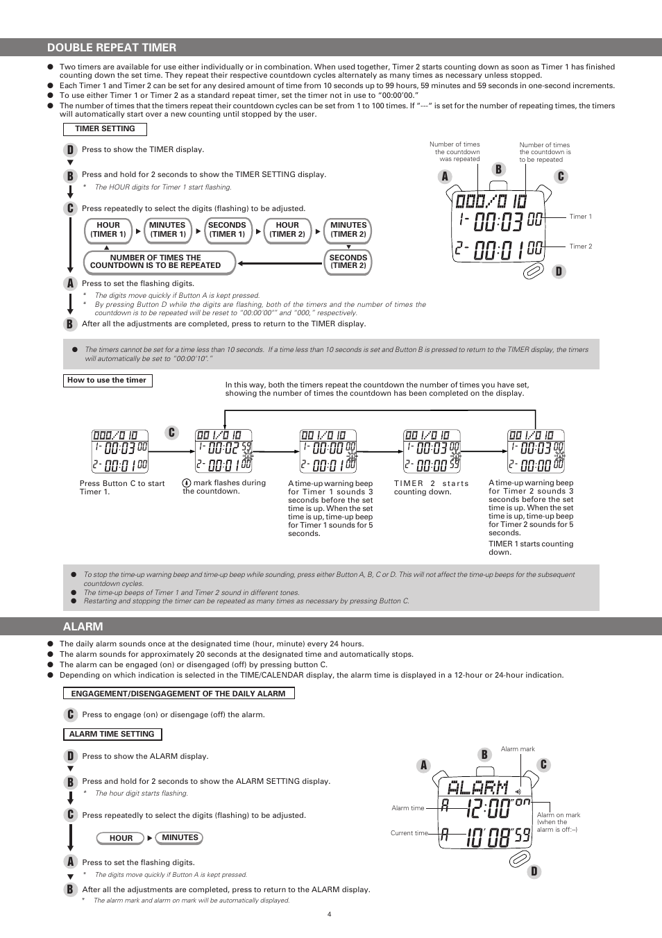 Double repeat timer, Alarm, Ab c d | CEI S058 SEIKO User Manual | Page 4 / 5