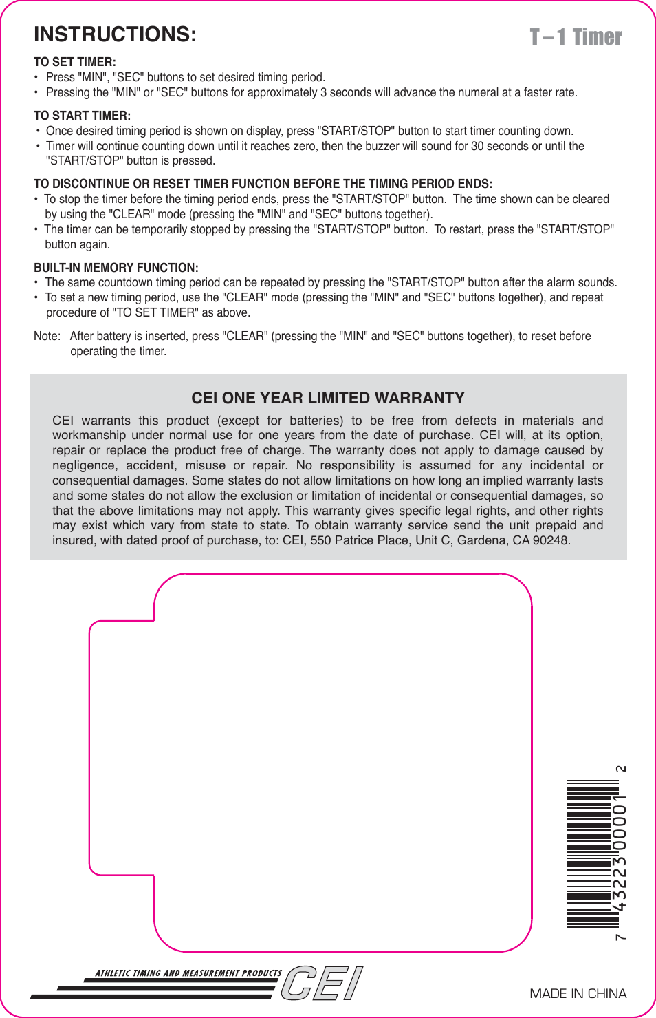 Instructions: t – 1 timer | CEI T-1 ULTRAK User Manual | Page 2 / 2