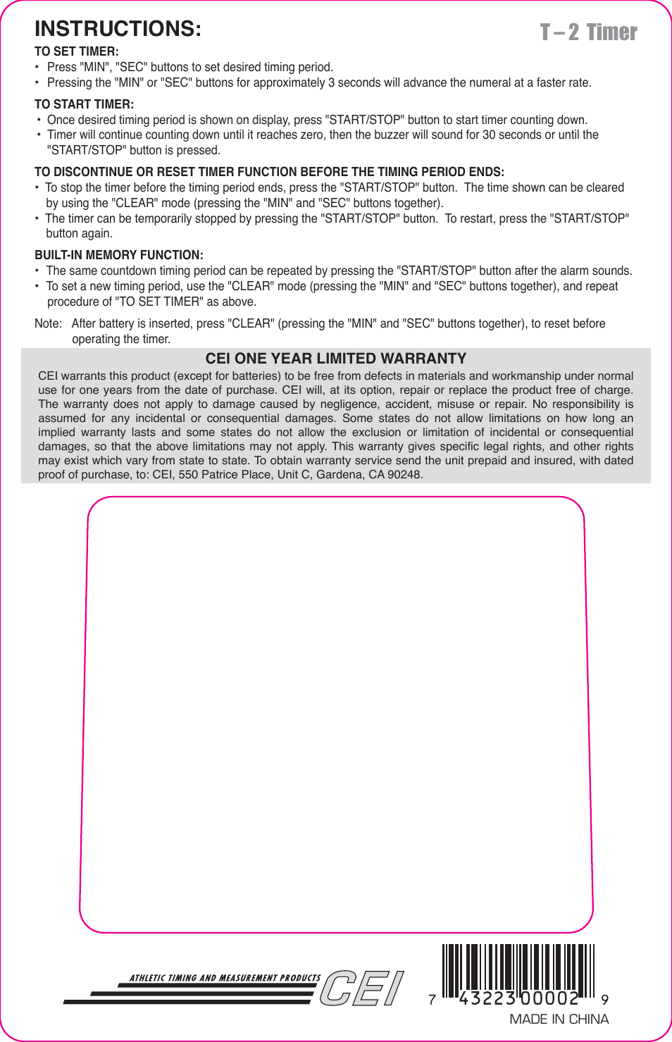 Instructions: t – 2 timer | CEI T-2 ULTRAK User Manual | Page 2 / 2